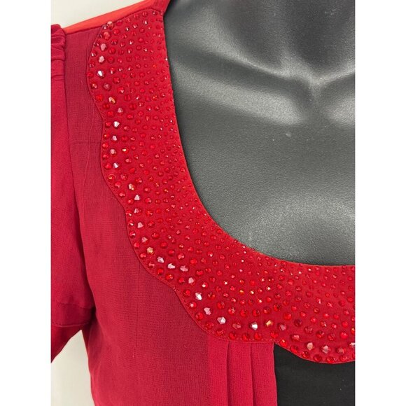 Burberry London Large Red Embellished Blouse Top Short Sleeve Scalloped Neck - Picture 6 of 8